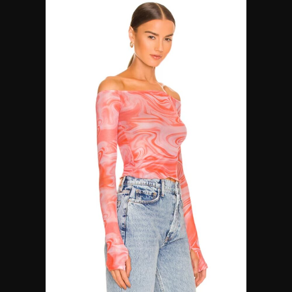 Superdown Revolve Emmie Off Shoulder Top Orange Pink Marble Swirl Semi-Sheer $58 - Picture 2 of 11